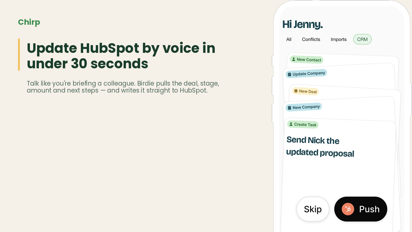 Interfaz de voz de Birdie que muestra cómo se envía un resumen de una llamada a HubSpot como nuevo contacto, oportunidad y tarea de seguimiento con un solo toque.