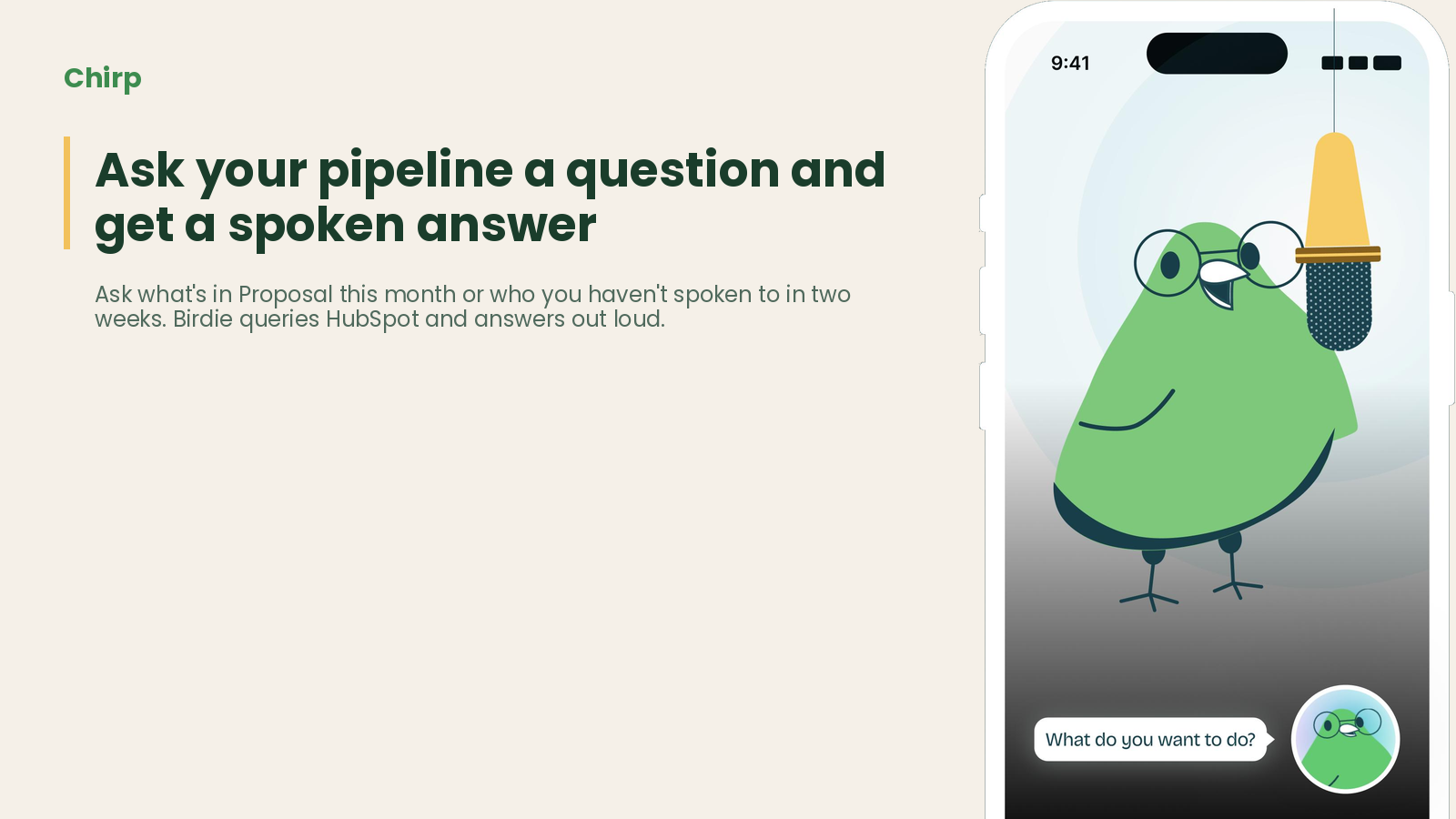 La interfaz de voz de Birdie responde a una pregunta formulada oralmente sobre los acuerdos en la fase de propuesta, con datos extraídos en tiempo real de HubSpot.