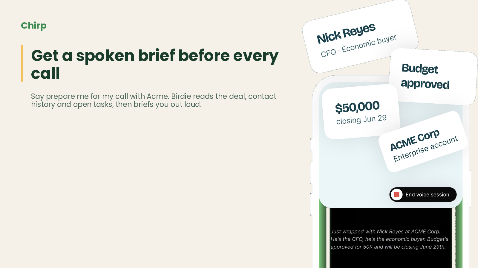 Birdie, en plena sesión de voz, muestra las fichas de comprador, presupuesto y fecha de cierre del acuerdo con Acme Corp antes de una llamada.