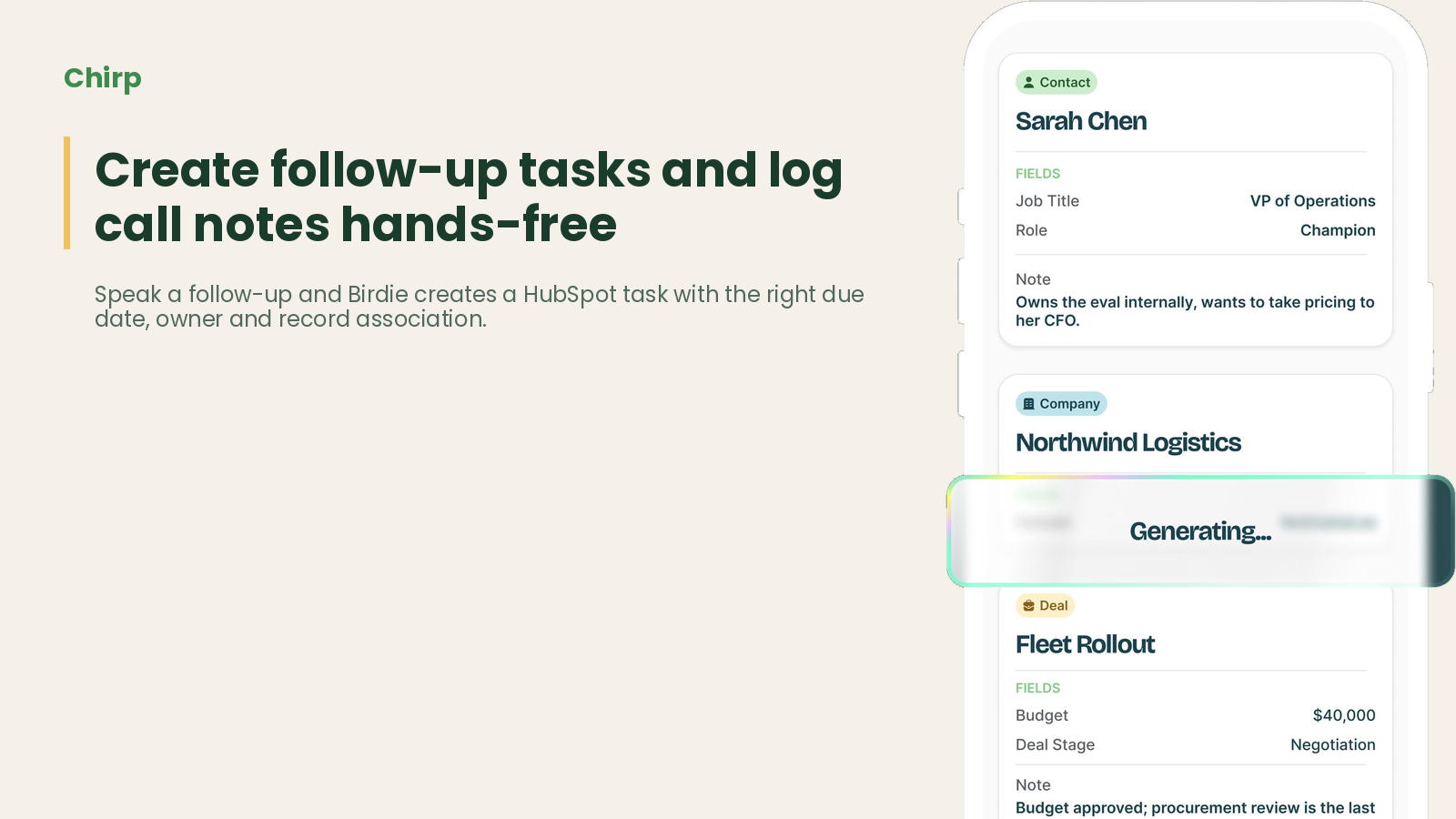 Un registro de contacto de HubSpot con una nota y una tarea de seguimiento añadidas automáticamente por Birdie, sin necesidad de intervenir.