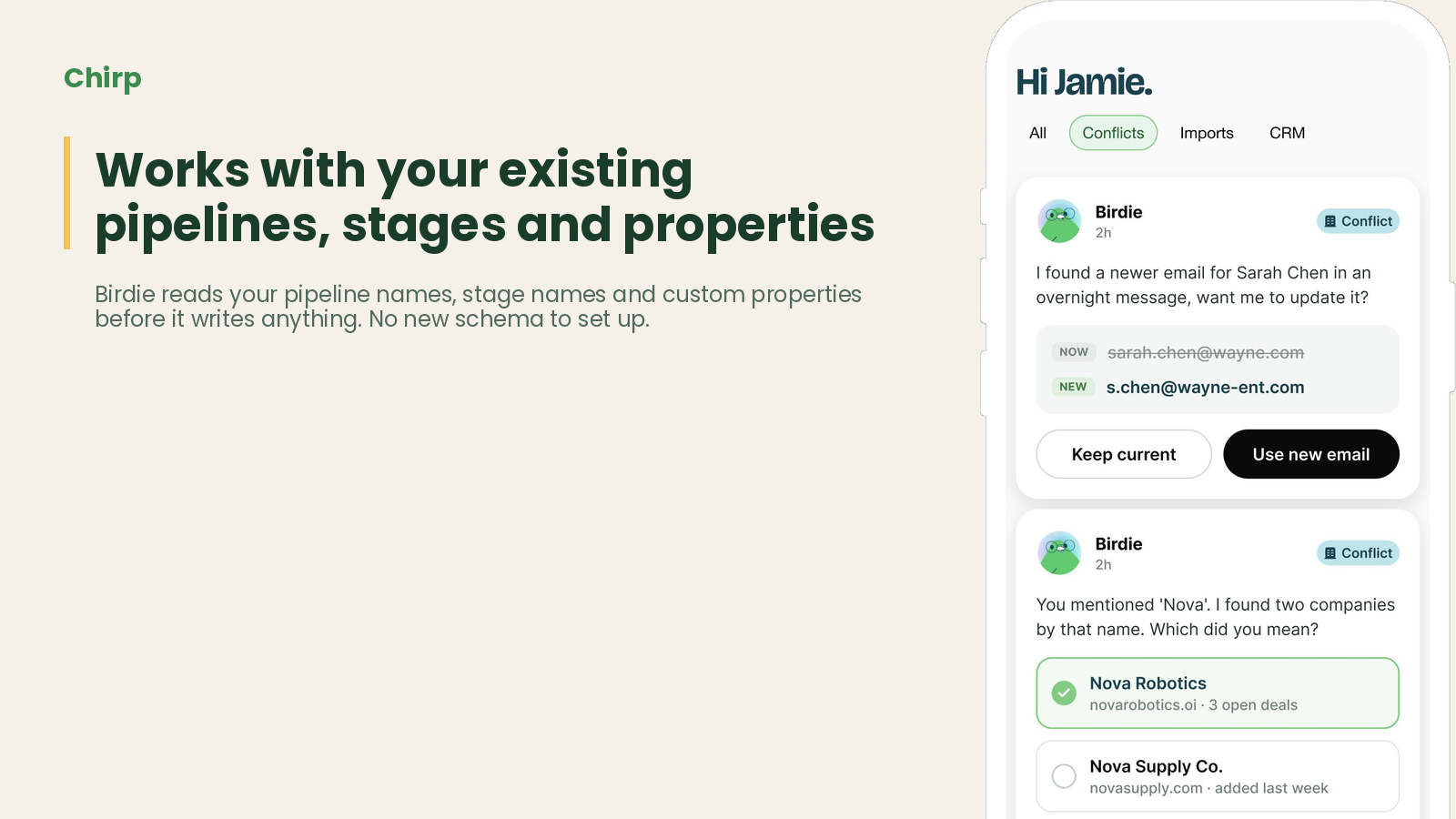 Birdie resuelve un conflicto de datos y una ambigüedad en el nombre de una empresa en relación con el proceso de ventas y las propiedades de HubSpot existentes del equipo.